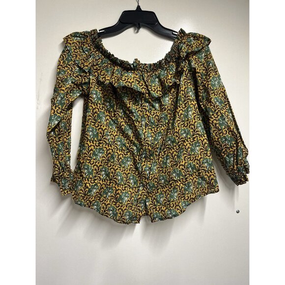 J.Crew Ratti Elephant Print Off-the-Shoulder Ruffle Top Gold Boho Women's Size 4 - Picture 2 of 7